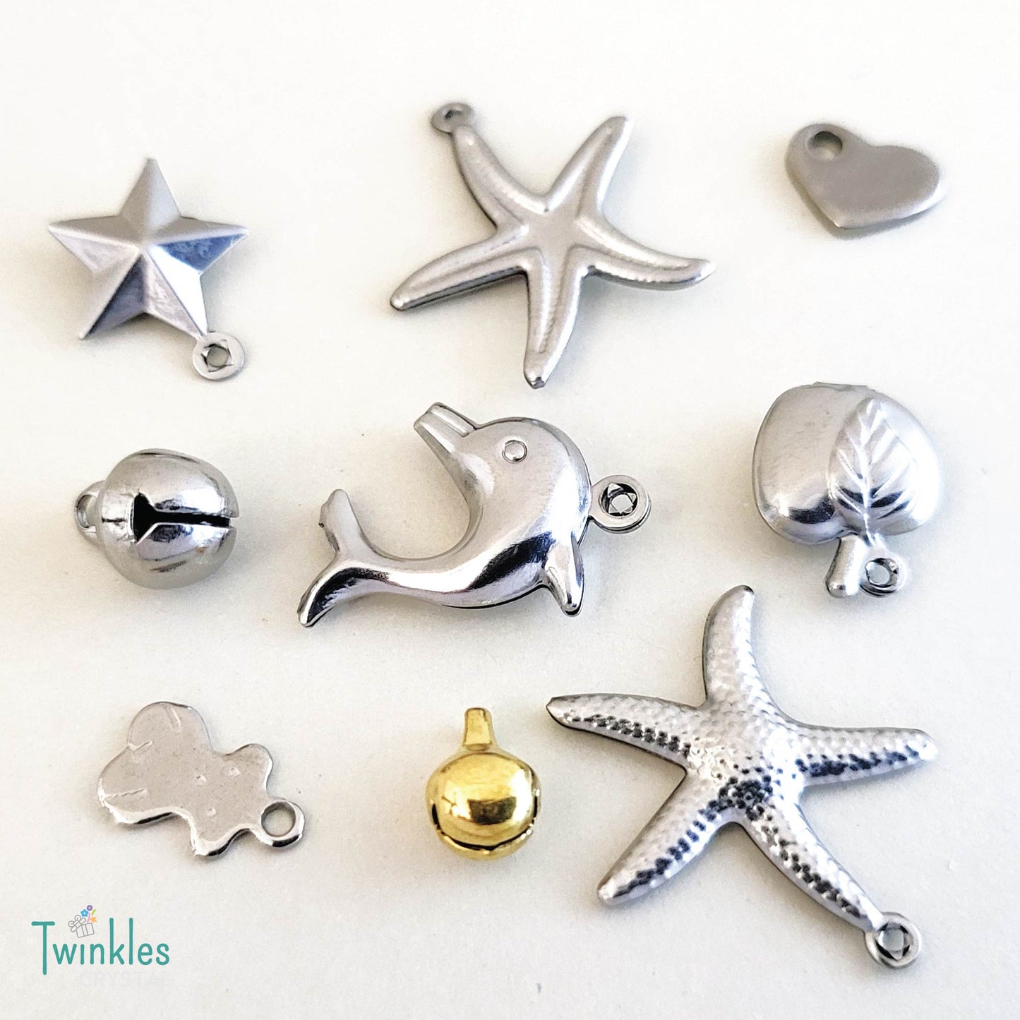 15pcs - 3D Stainless Steel Pendant Heart Starfish Bell Dolphin Apple Charm