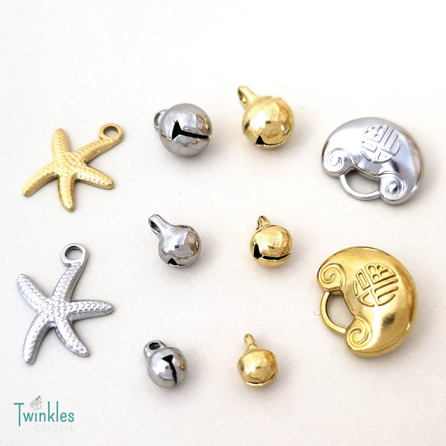 15pcs - 3D Stainless Steel Pendant Heart Starfish Bell Dolphin Apple Charm