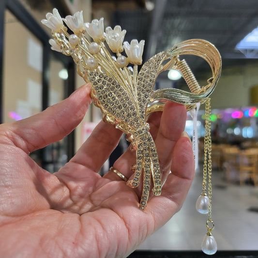 Woman Tassel Metal Hair Claw Clip Rhinestone Pearl