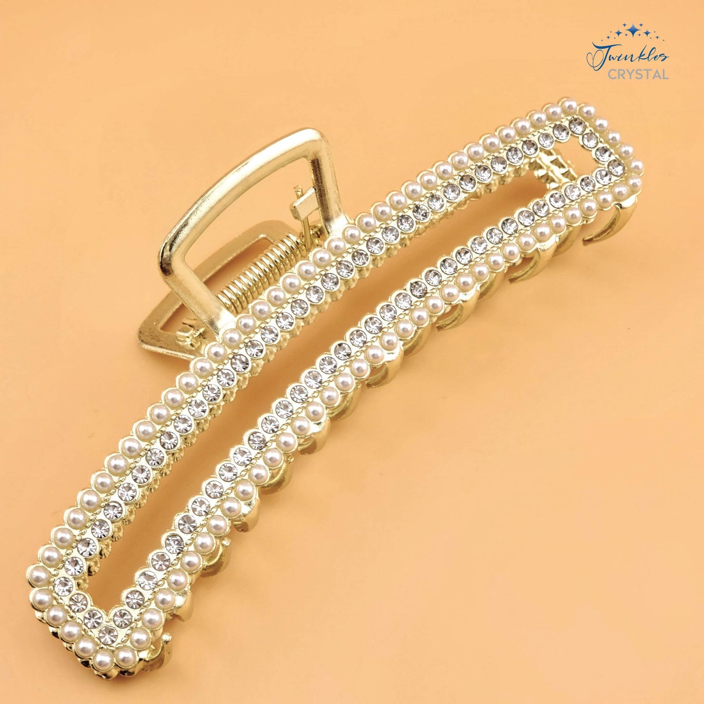 11.5 cm Woman Metal Rectangle Hair Claw Clip Rhinestone Pearl Clip