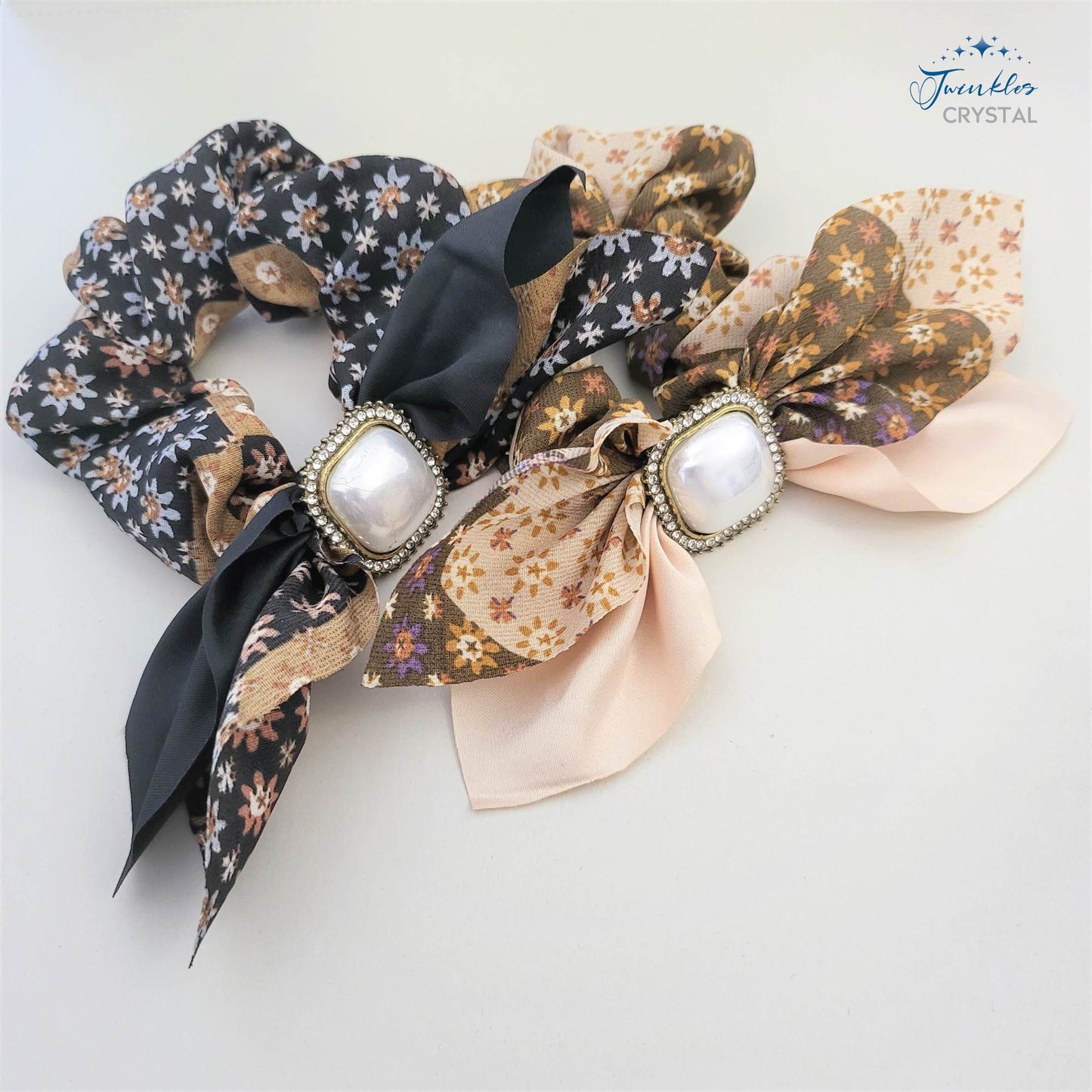Metal Crystal Pearl Hair Scrunchies Satin Hair Ring Band