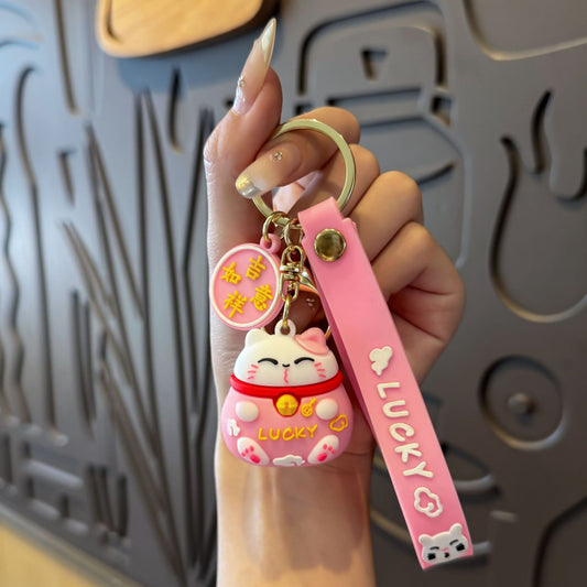 Lucky Cat Keychain, Fortune Beckoning Cat Pendant, "Wealth & Prosperity" Backpack Charm