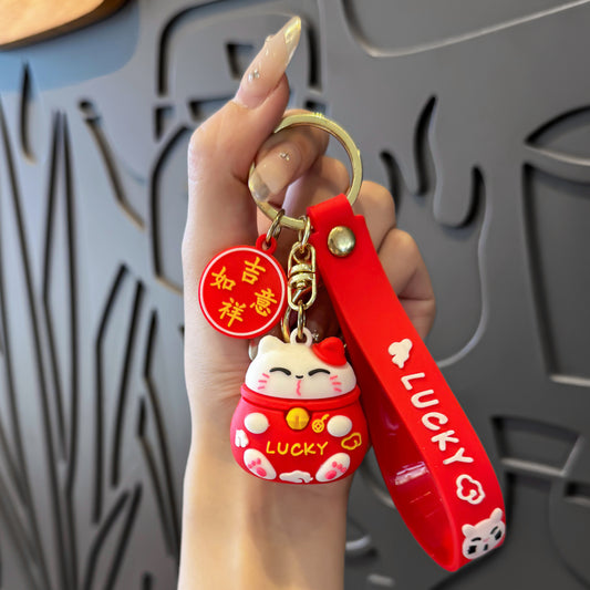 Lucky Cat Keychain, Fortune Beckoning Cat Pendant, "Wealth & Prosperity" Backpack Charm