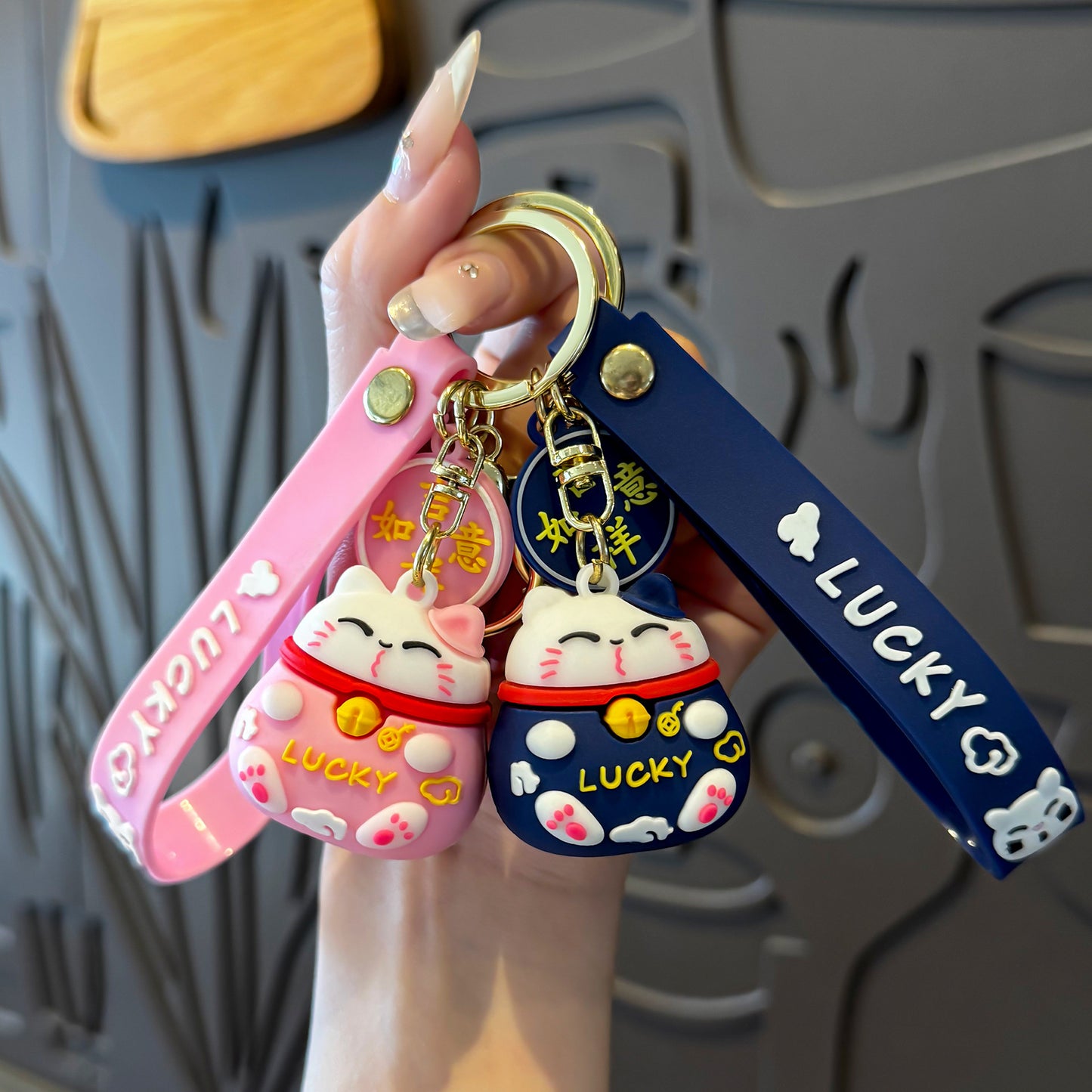 Lucky Cat Keychain, Fortune Beckoning Cat Pendant, "Wealth & Prosperity" Backpack Charm
