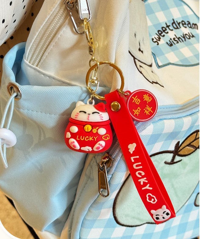 Lucky Cat Keychain, Fortune Beckoning Cat Pendant, "Wealth & Prosperity" Backpack Charm